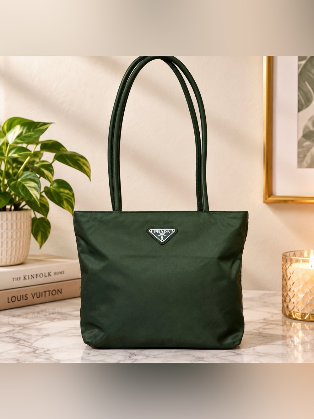 Prada Tessuto Vintage 1990s Dark Green Nylon Tote with/COA